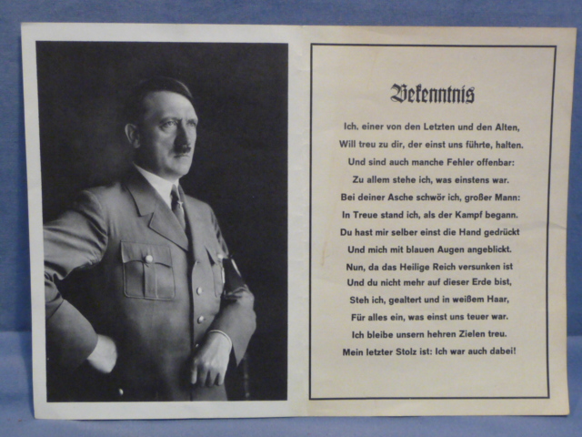 Original Nazi Era German Adolf Hitler Confession Document, Bekenntnis