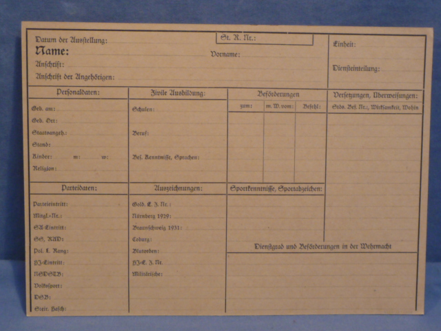 Original Nazi Era German Questionnaire Card