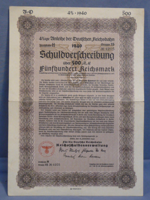 Original WWII German 500 Reichsmark Debenture Bond, Schuldverschreibung