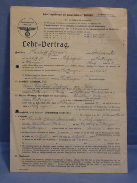 Original WWII German Teaching Contract, Lehr - Vertrag