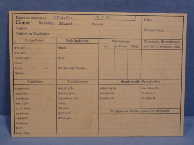 Original WWII German Questionnaire Card, Used