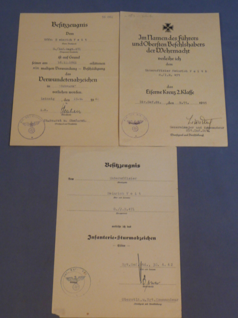 Original WWII German Award Document Grouping to Unteroffizier Heinrich Veit