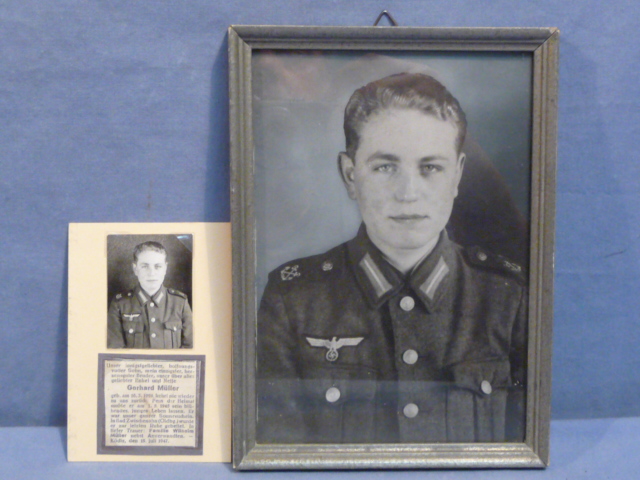 Original WWII German Framed KM Coastal Artillery Soldier's Photograph & Death Notice