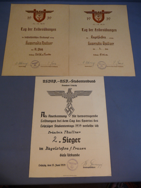 Original Nazi Era German Championship Shot Put Documents to Frulein Thullner