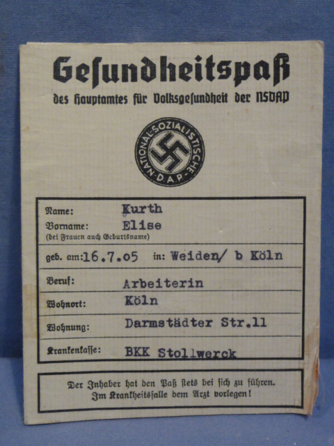 Original 1937 German Gesundheitspa� (Health Card)