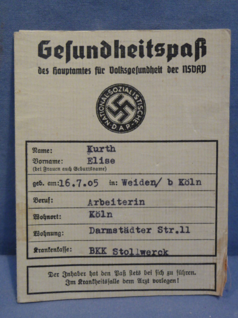 Original 1937 German Gesundheitspa (Health Card)