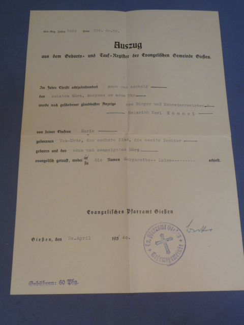 Original WWII German Excerpt from the Birth and Baptism Register, Geburts und Tauf Register