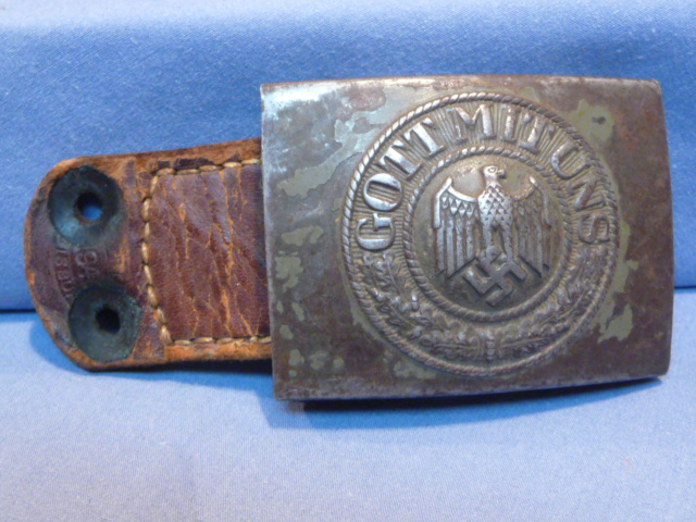 Original WWII German Heer EM/NCO Belt Buckle, Aluminum with Leather Tab