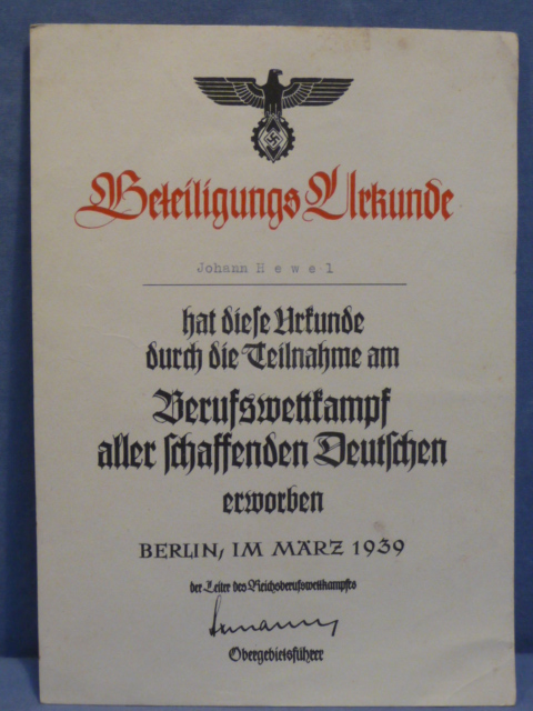 Original 1939 German Hitler Youth Participation Certificate, Beteiligungs Urkunde