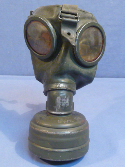 Original WWII German Soldier's Gas Mask Set, M38 Mask (Green Rubber) & FE37R Tropen Filter