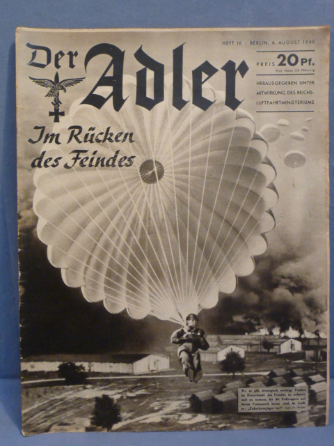 Original WWII German Luftwaffe Magazine Der Adler, August 1940 Fallschirmjger!