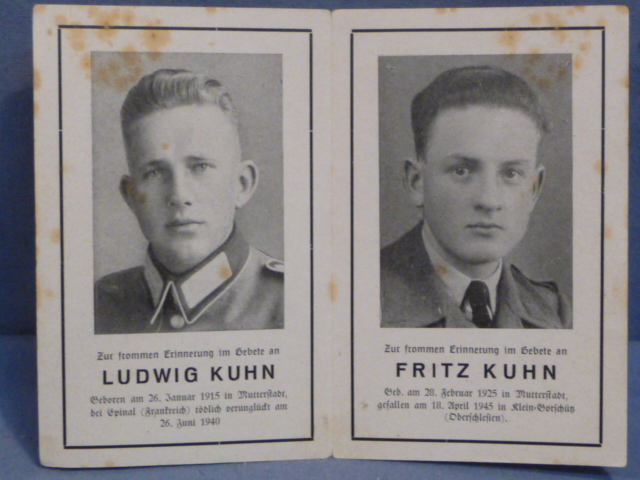 Original WWII German Remembrance Card for Brothers