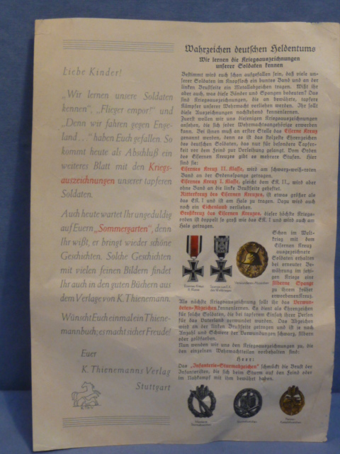 Original WWII German Hitler Youth Sheet "Get to Know the War Decorations of Our Soldiers"