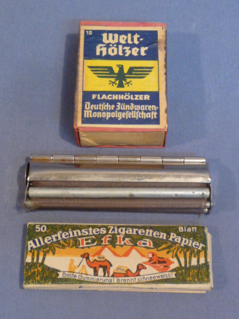 Original WWII German Soldier's Cigarette Rolling Machine / Papers / Matches Set