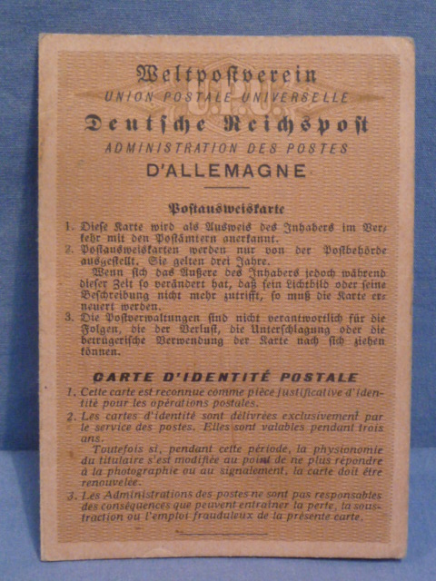 Original WWII German Postal ID Card (Postausweiskarte), German & French Languages