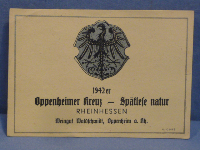 Original WWII German Wine Bottle Label, Oppenheimer Kreuz 1942