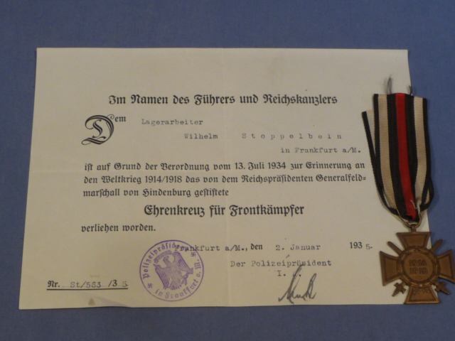 Original 1935 German Combatants 1914-1918 Honor Cross (Hindenburg Cross) Medal & Award Document