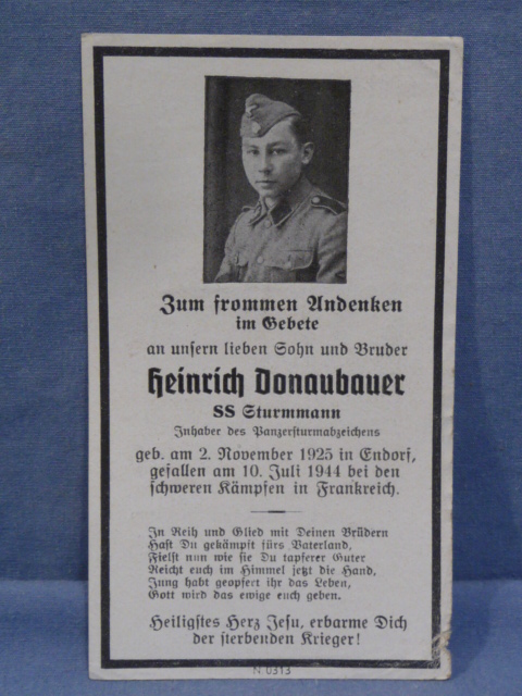 Original WWII German Waffen-SS Soldiers Remembrance Card, Panzer Assault Badge