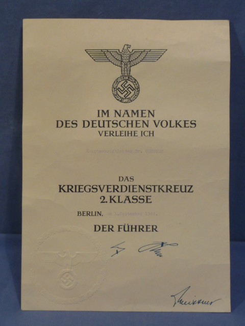 Original WWII German War Merit Cross 2nd Class (Without Swords) Award Document