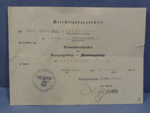 Original 1936 German Matte White Wound Badge Award Document, Heeresangehörige
