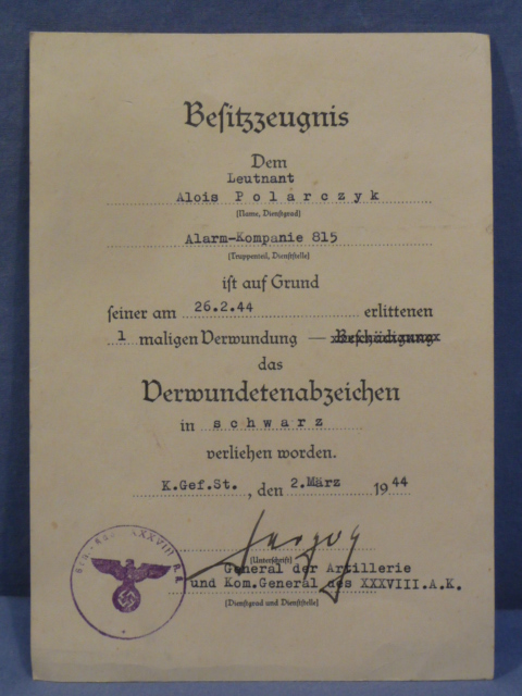 Original WWII German Award Document, Wound Badge in Black