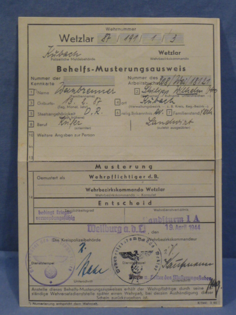 Original WWII German Temporary ID Card Document, Behelfs-Musterungsausweis