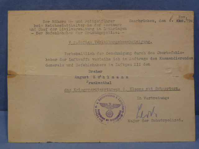 Original WWII German War Merit Cross Preliminary Award Document, Police