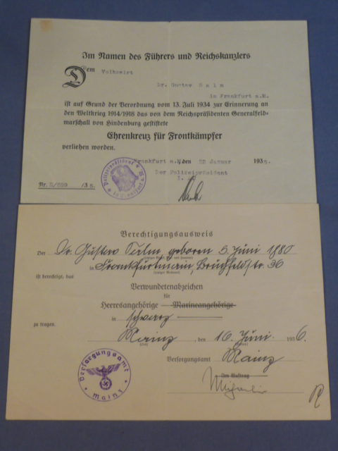 Original Nazi Era German Documents to WWI Combat Veteran