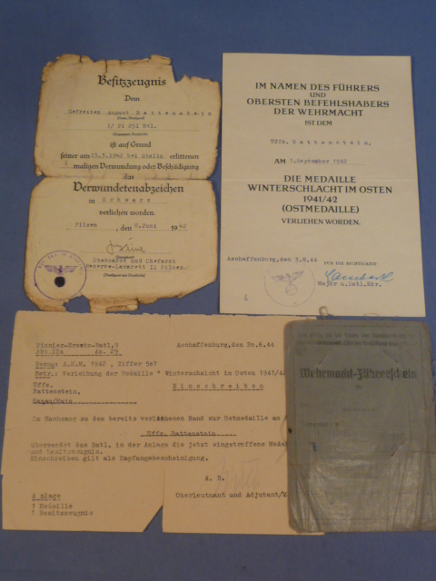 Original WWII German Award Document & Armed Forces Driver License Grouping, Pionier