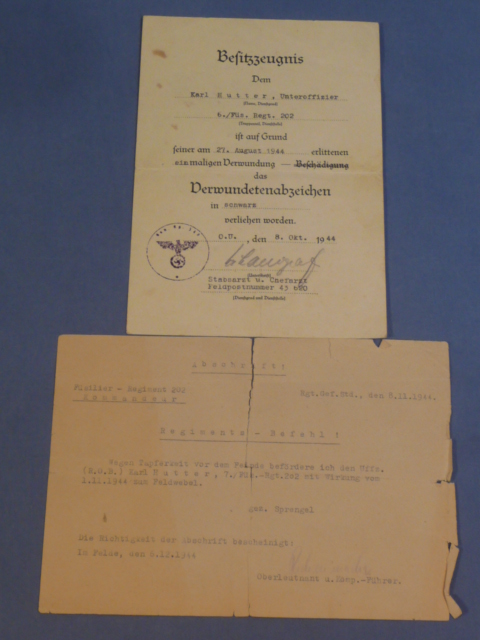 Original WWII German Award Document and Promotion Document