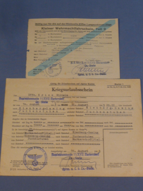 Original WWII German Luftwaffe NCO's War Leave Pass (Kriegsurlaubsschein) & Train Ticket