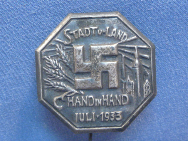 Original Nazi Era German Stamped Metal Stick Pin, Hand in Hand Juli 1933