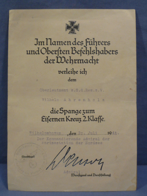 Original WWII German Spange to the Iron Cross 2nd Class Award Document, Kriegsmarine