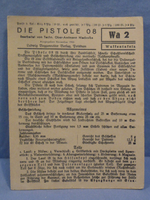 Original WWII German Luger P-08 Training Sheet, Die Pistole 08