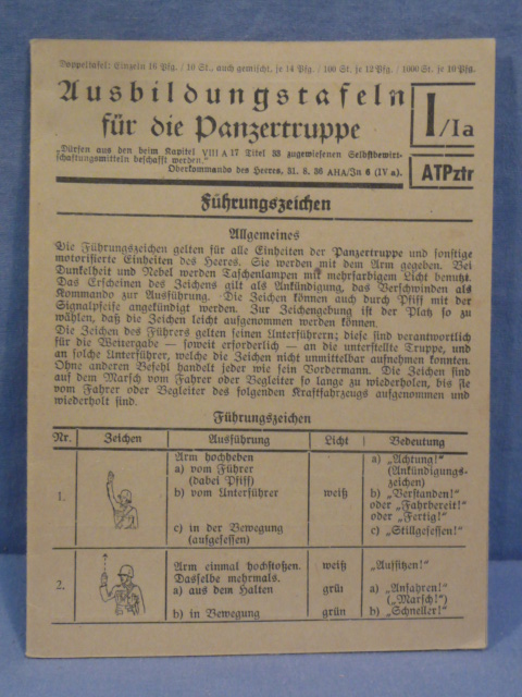 Original WWII German Training Sheet for Panzer Troops, Panzertruppe