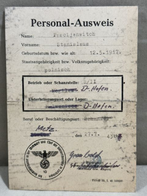 Original WWII German Personal Identity Card to Polish Worker, SS Officer's Signature 1943