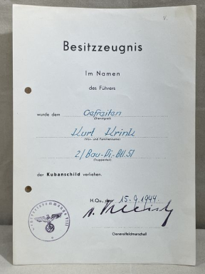 Original WWII German Award Document for the Kuban Shield