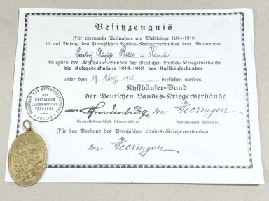 Original Post-WWI German 1914-1918 War Service Medal & Award Document