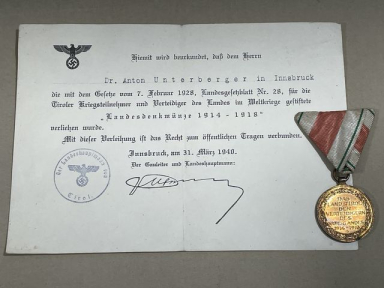 Original Post-WWI Austrian 1914-1918 War Commemorative Medal & Award Document