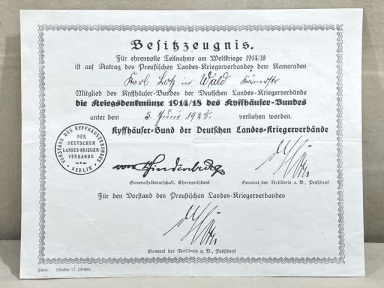 Original Post-WWI German 1914-1918 War Service Medal Award Document, Kuffhuser-Bund