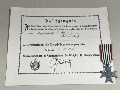 Original WWI Prussian Cross of Merit for War Aid Medal & Award Document