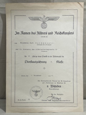 Original 1936 German Army 12 Year Long Service Medal Award Document