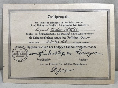 Original Post-WWI German 1914-1918 War Service Medal Award Document, Kuffhuser-Bund