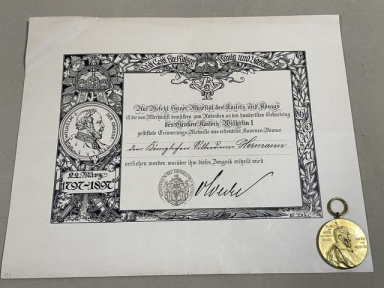 Original Pre-WWI German Kaiser Wilhelm I Commemorative Medal & Award Document