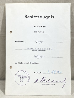 Original WWII German Award Document for the Kuban Shield