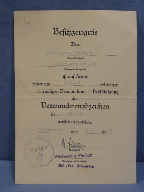 Original WWII German Wound Badge in Black Award Document, PANZER GRENADIER!