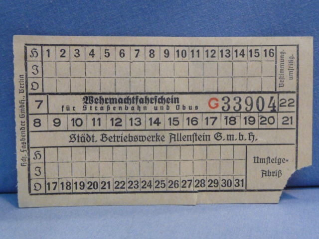Original WWII Era German Armed Forces Tram or Trolleybus Ticket, Straenbahn und Obus