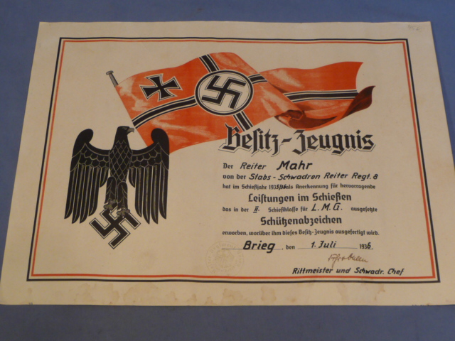 Original 1936 German Heer Cavalry Soldier's Marksman's Lanyard Award Document