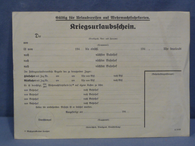 Original WWII German Military War Leave Pass, Unused Kriegsurlaubsschein