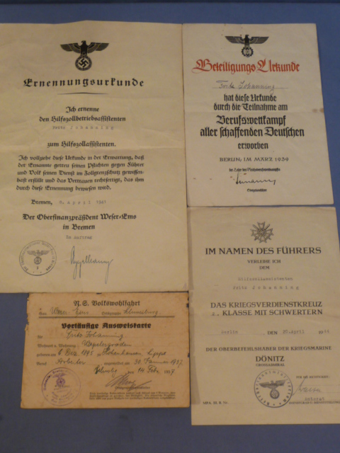 Original WWII German Documents Set to Auxiliary Customs Assistant, War Merit Cross